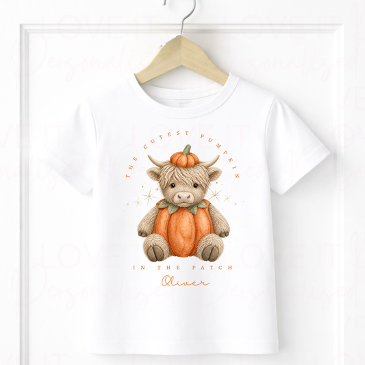 Personalised Highland Cow Cutest Pumpkin  Halloween T-Shirt