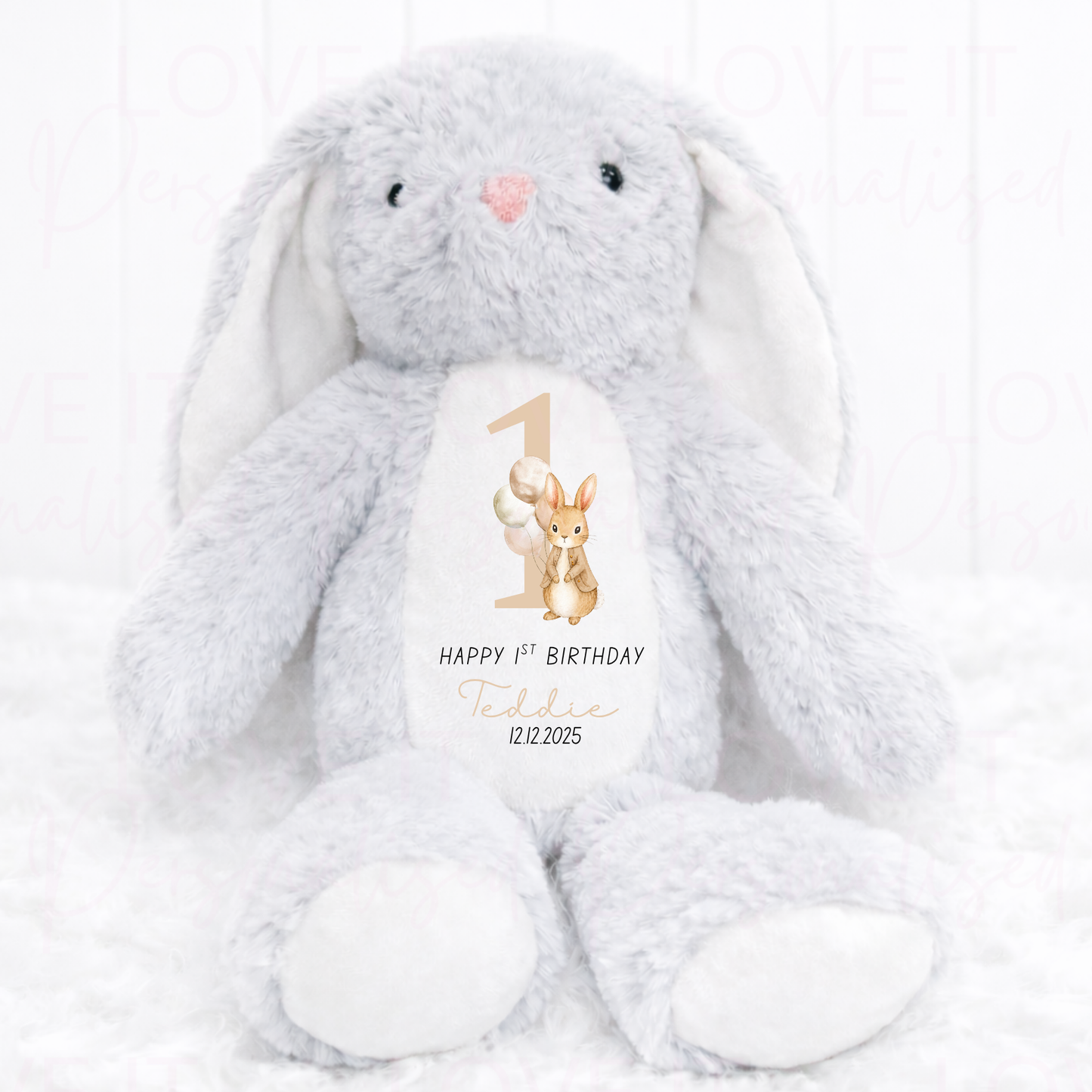 Personalised Birthday Bunny Teddy - Pink/Blue/Beige