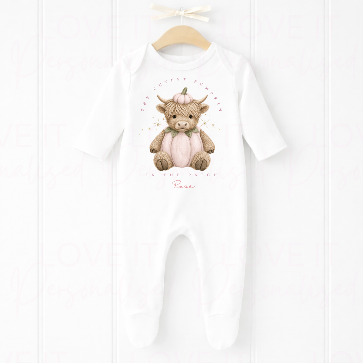 Personalised Cutest Pumpkin In The Patch Highland Cow Orange/Blue/Pink Bib/Bodysuit/Sleepsuit