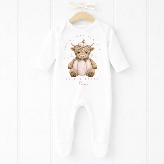 Personalised Cutest Pumpkin In The Patch Highland Cow Orange/Blue/Pink Bib/Bodysuit/Sleepsuit