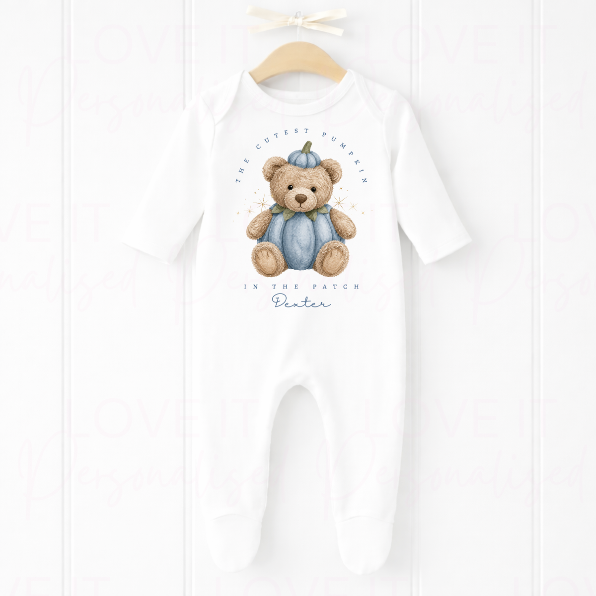 Personalised Cutest Pumpkin In The Patch Bear Orange/Blue/Pink Bib/Bodysuit/Sleepsuit