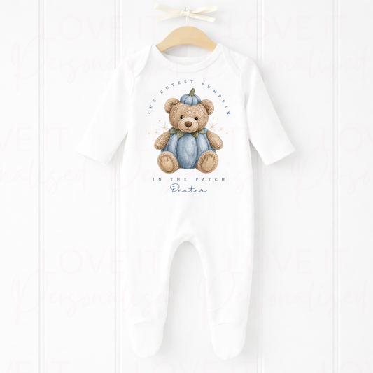 Personalised Cutest Pumpkin In The Patch Bear Orange/Blue/Pink Bib/Bodysuit/Sleepsuit