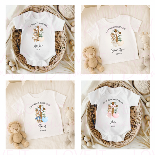 Personalised On Your Christening Day Baby Bodysuit/T-Shirt Design- Pink/Blue/Beige