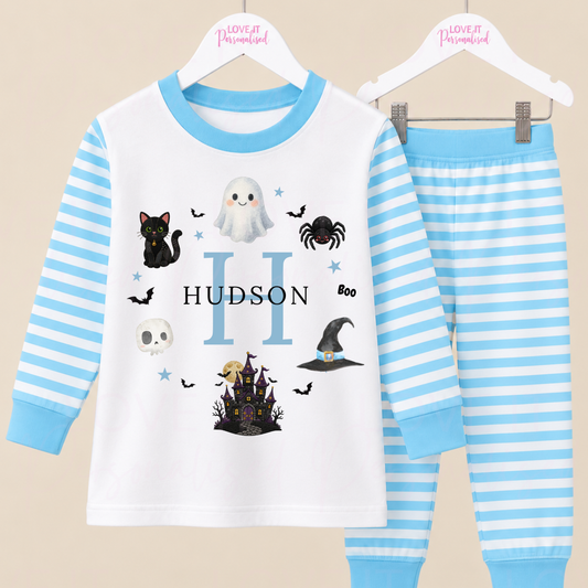 Personalised Children's Halloween Blue Wreath Pyjamas