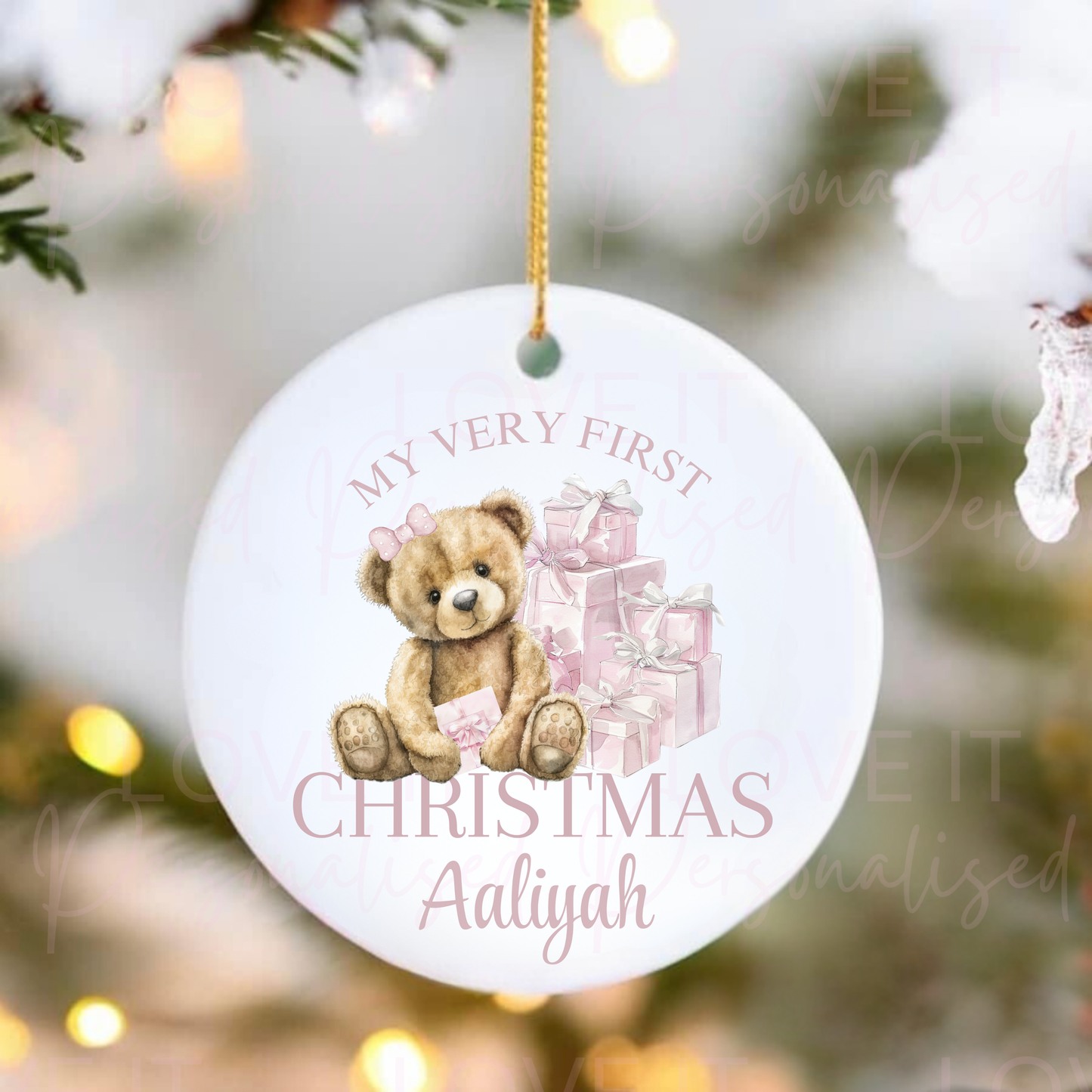 Personalised First Christmas Ceramic Ornament - Pink/Blue Bear Design