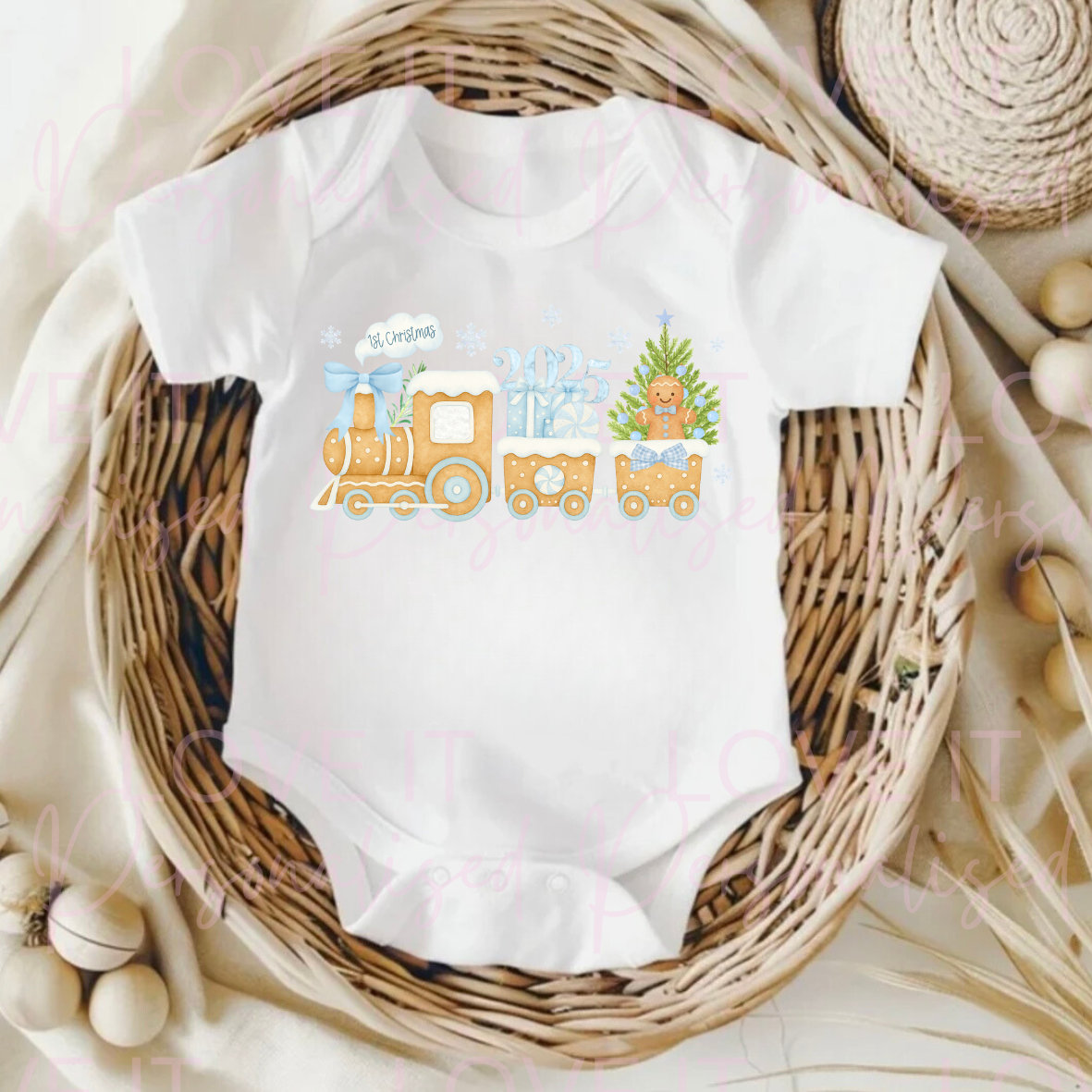 First Christmas Pink/Blue Train Baby Bodysuit - Short/Long Sleeve