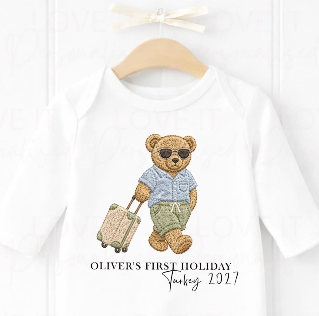 Personalised First Holiday Bear Bib/Bodysuit/Sleepsuit