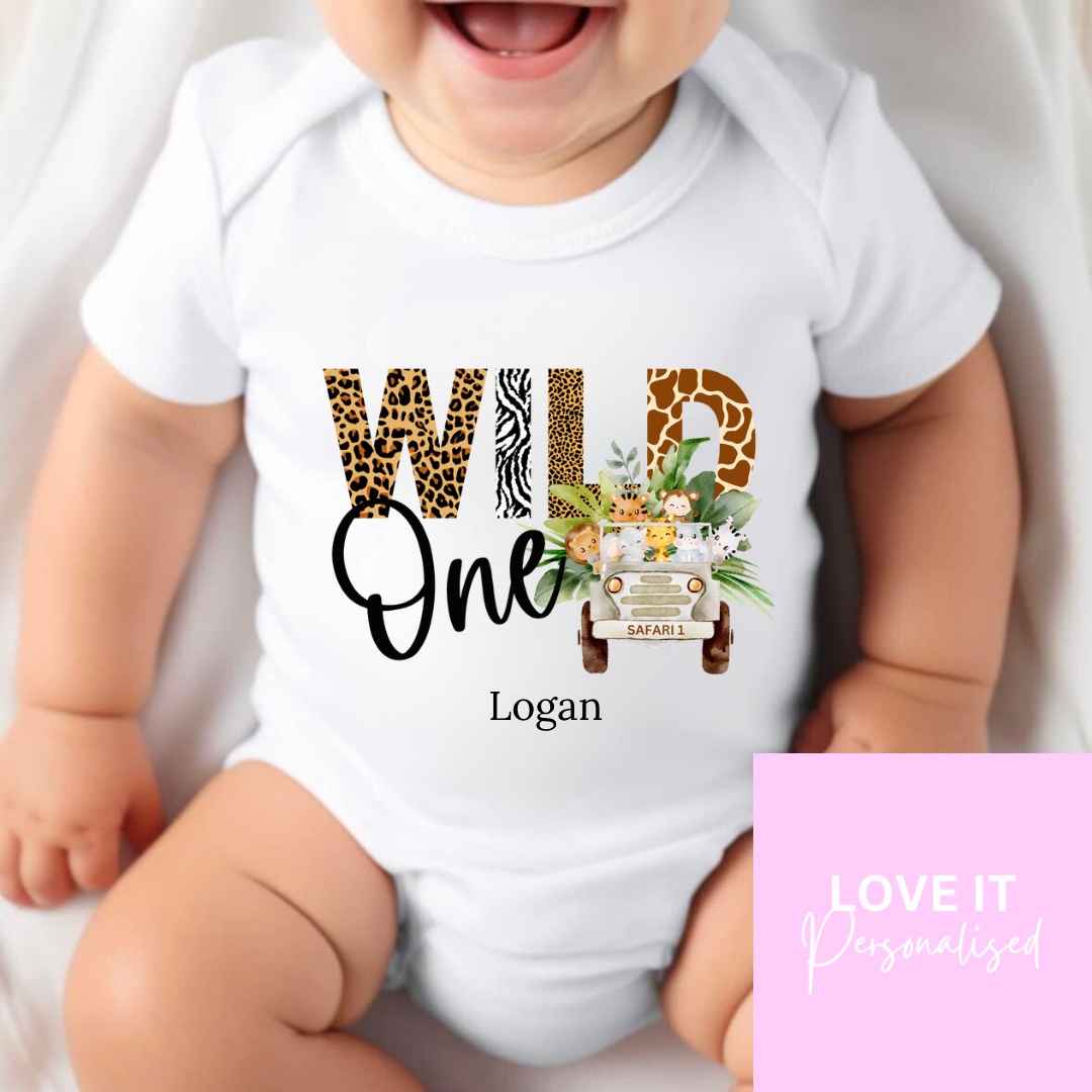 Personalised Birthday Bodysuit/Babygrow - Wild One Safari Design