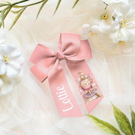 Personalised Christmas Hair Bow - Pink/Blue Train