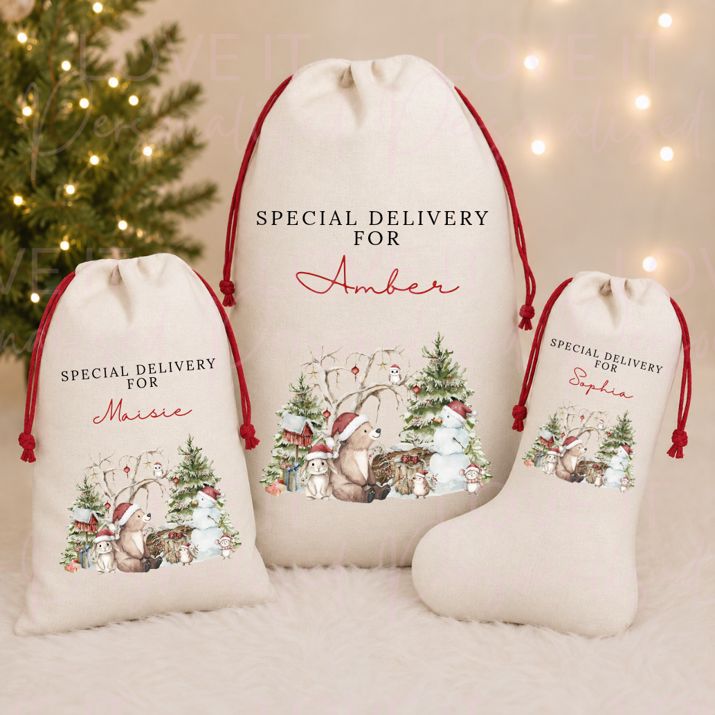 Personalised Christmas Animal Linen Stocking/Sack