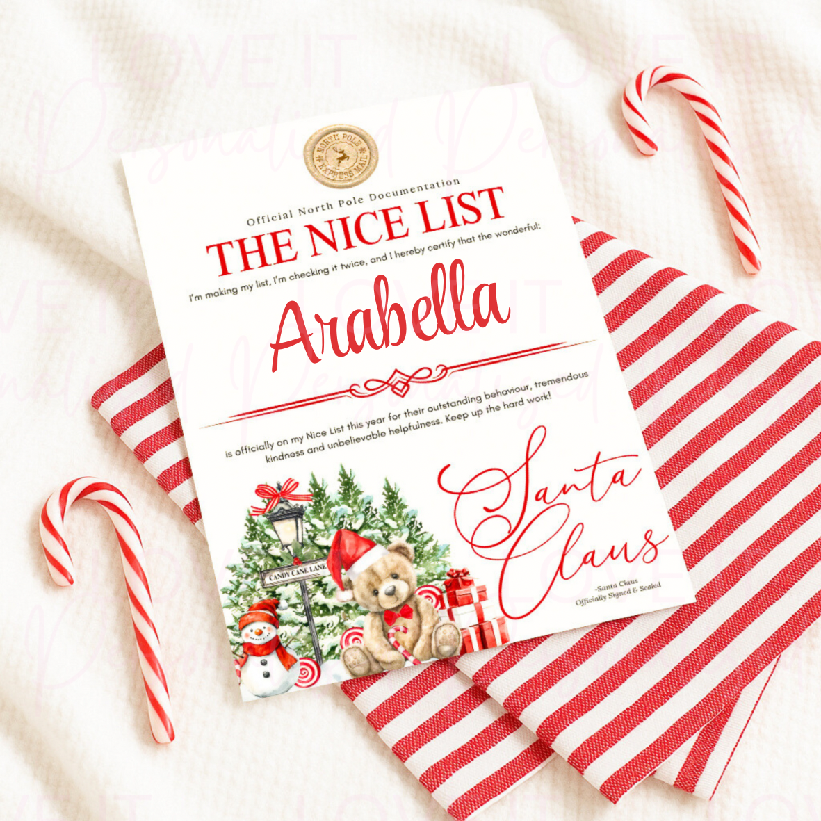 Personalised Nice List Red Bear Letter