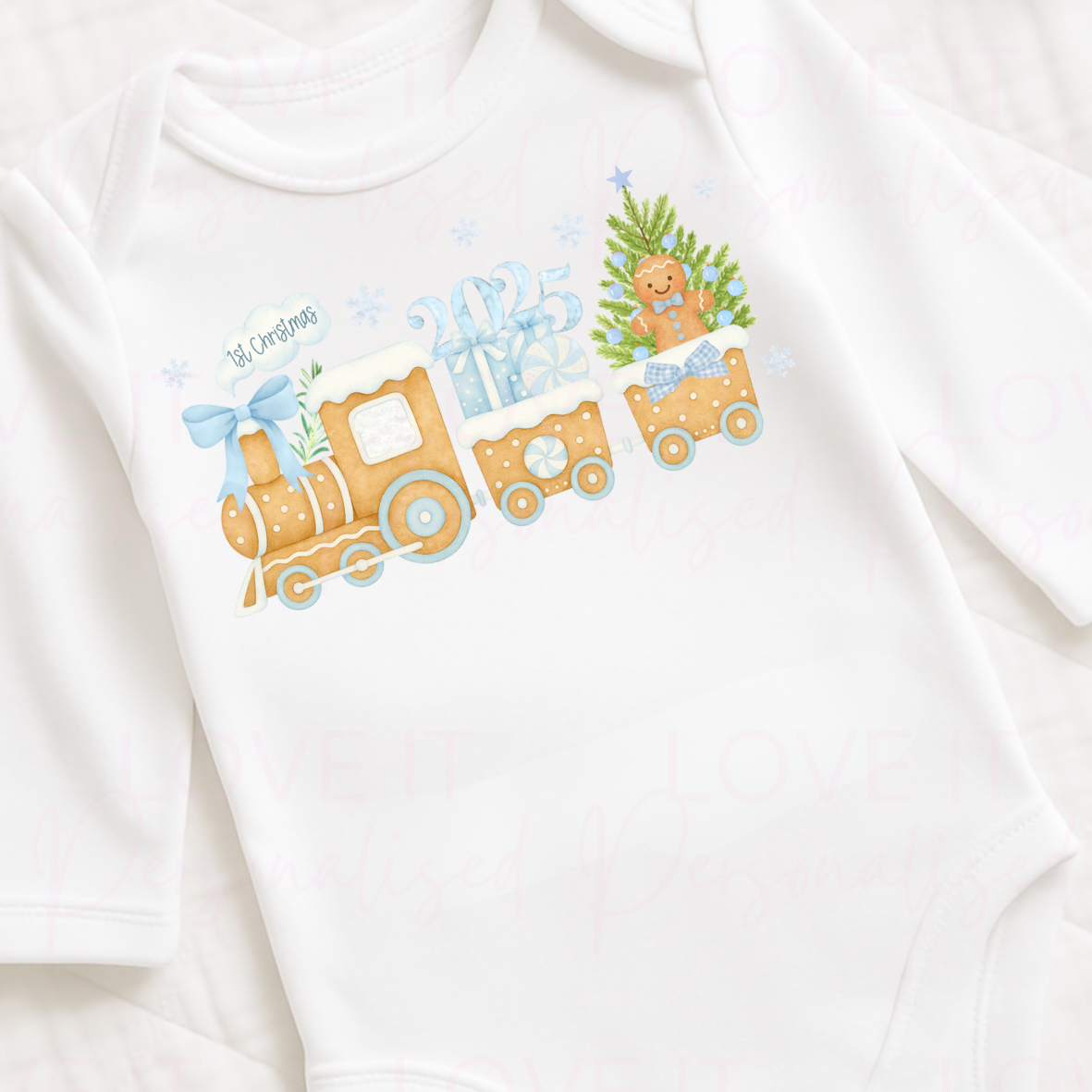 First Christmas Pink/Blue Train Baby Bodysuit - Short/Long Sleeve