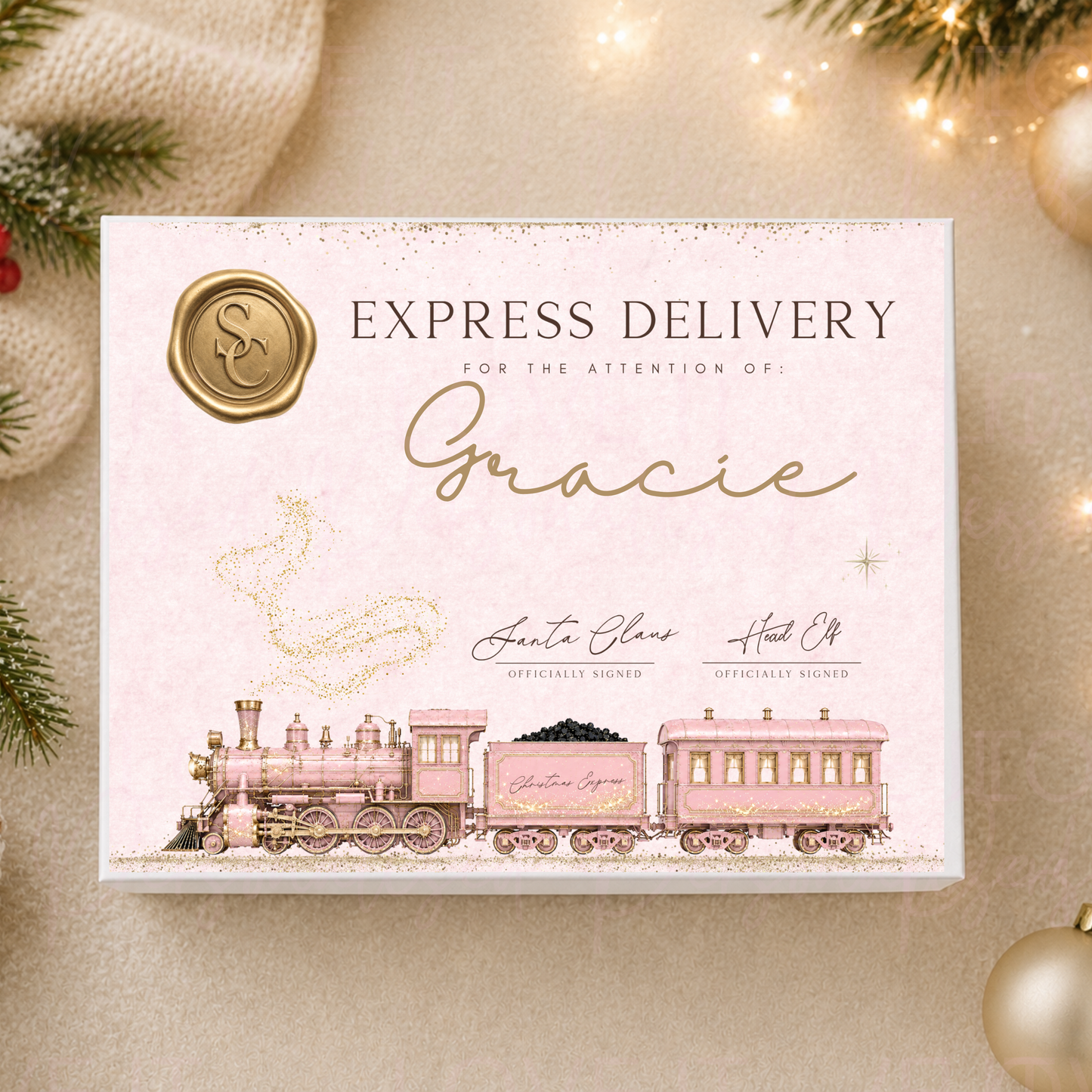 Personalised Christmas Magnetic Gift Box - Pink Train Design