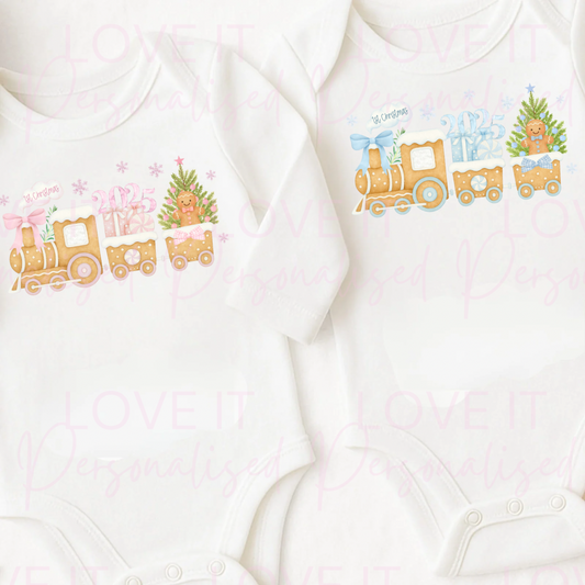 First Christmas Pink/Blue Train Baby Bodysuit - Short/Long Sleeve