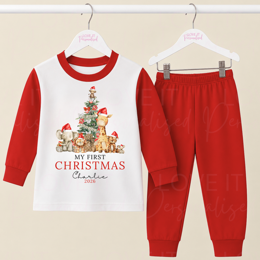 Personalised First Christmas Safari Animal Children's Pyjamas