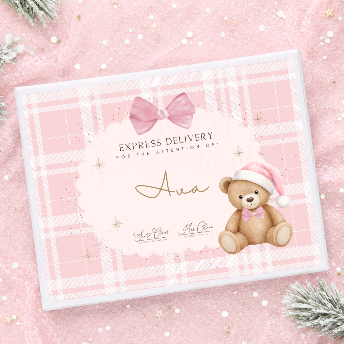 Personalised Christmas Magnetic Gift Box - Pink Bear Design