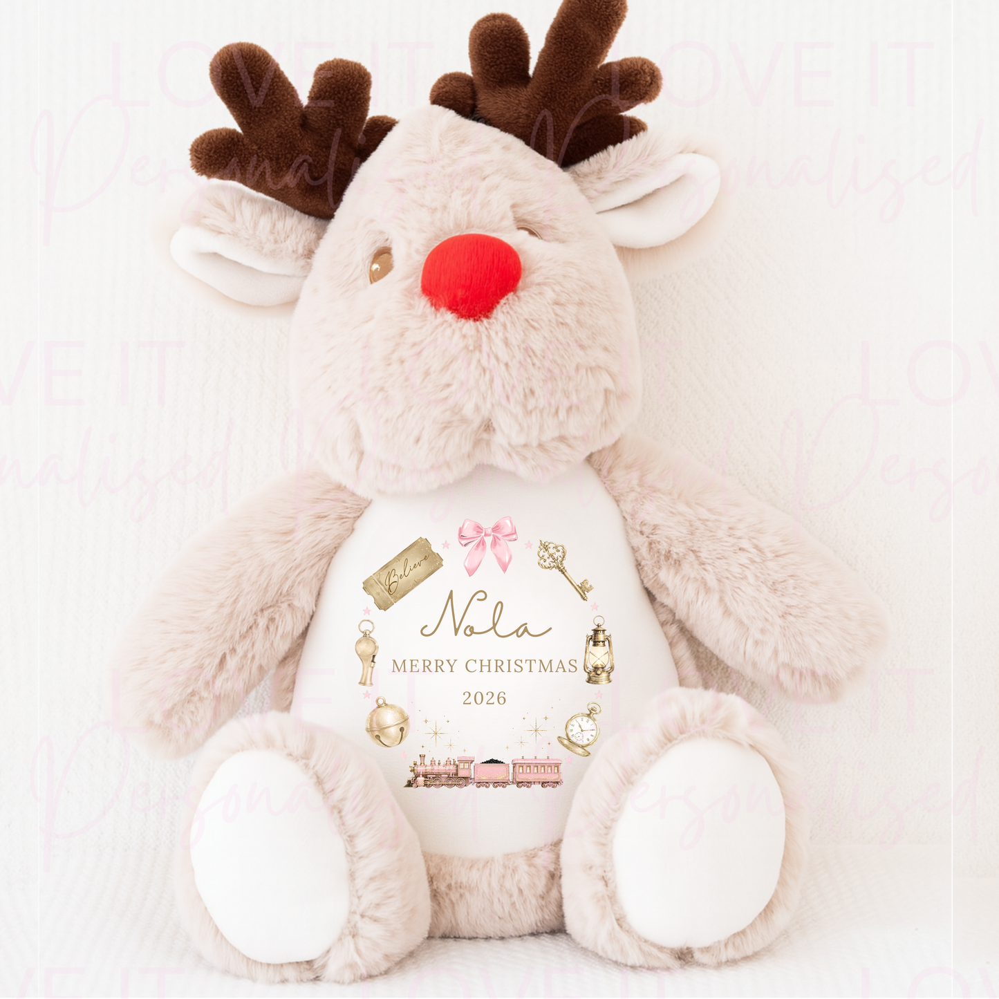 Personalised Reindeer Teddy - Pink/Navy/Red Express Train