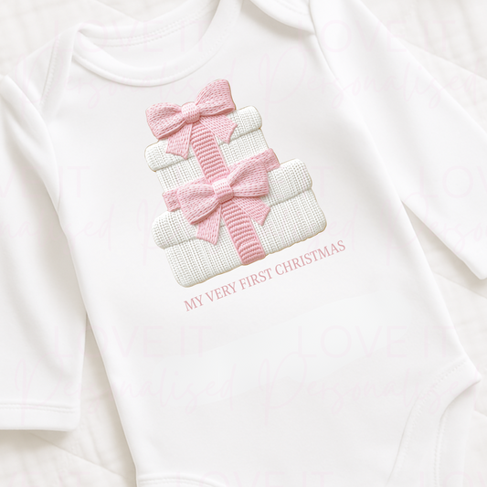 First Christmas Pink Knitted Effect Baby Bodysuit - Short/Long Sleeve