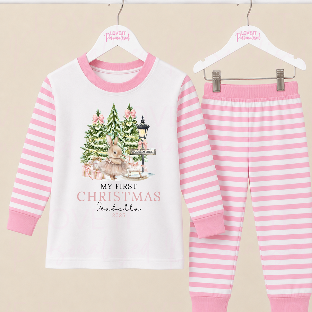 Personalised First Christmas Pink Bunny Children's Pyjamas