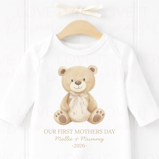 Personalised Our First Mother's Day Bear Sleepsuit - Pink/Blue/Sage/Neutral
