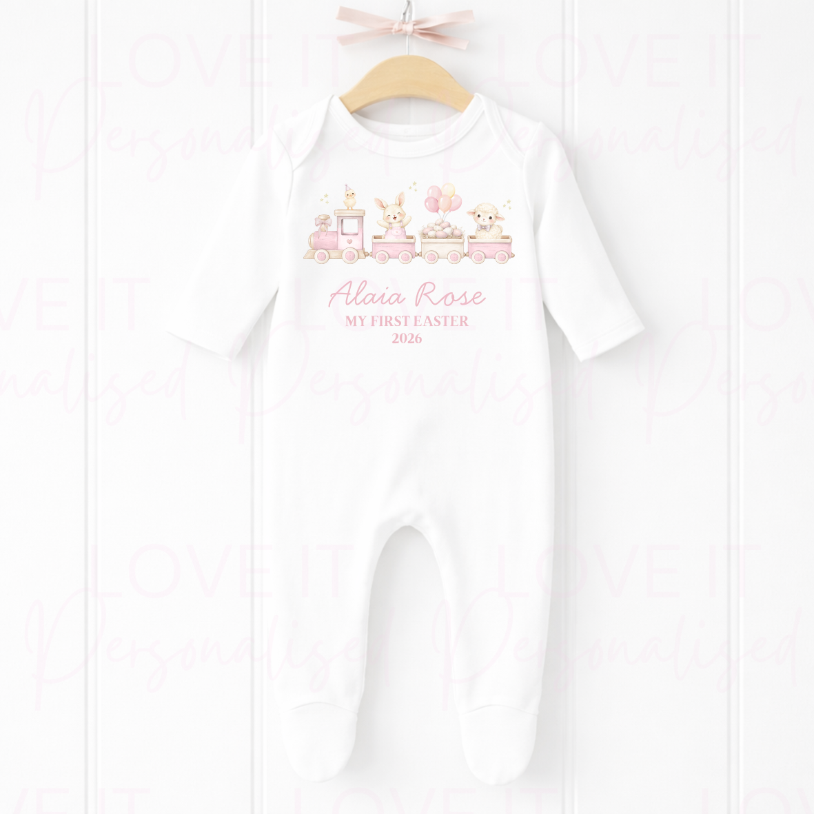 Personalised My First Easter Train Sleepsuit - Pink/Blue