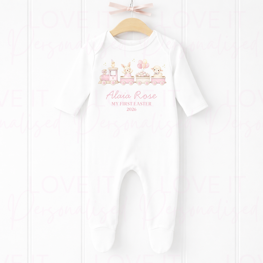 Personalised My First Easter Train Sleepsuit - Pink/Blue