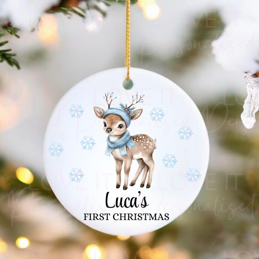 Personalised First Christmas Ceramic Ornament - Pink/Blue Reindeer Design