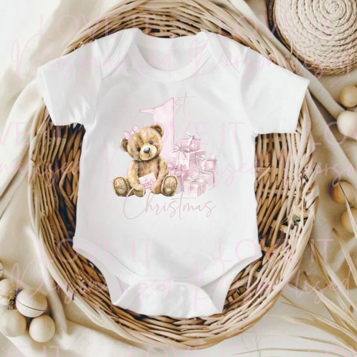 First Christmas Pink/Blue Bear Baby Bodysuit - Short/Long Sleeve
