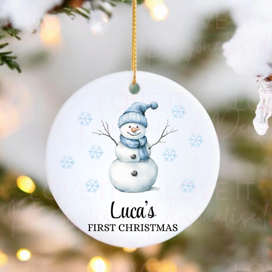 Personalised First Christmas Ceramic Ornament - Pink/Blue Snowman Design