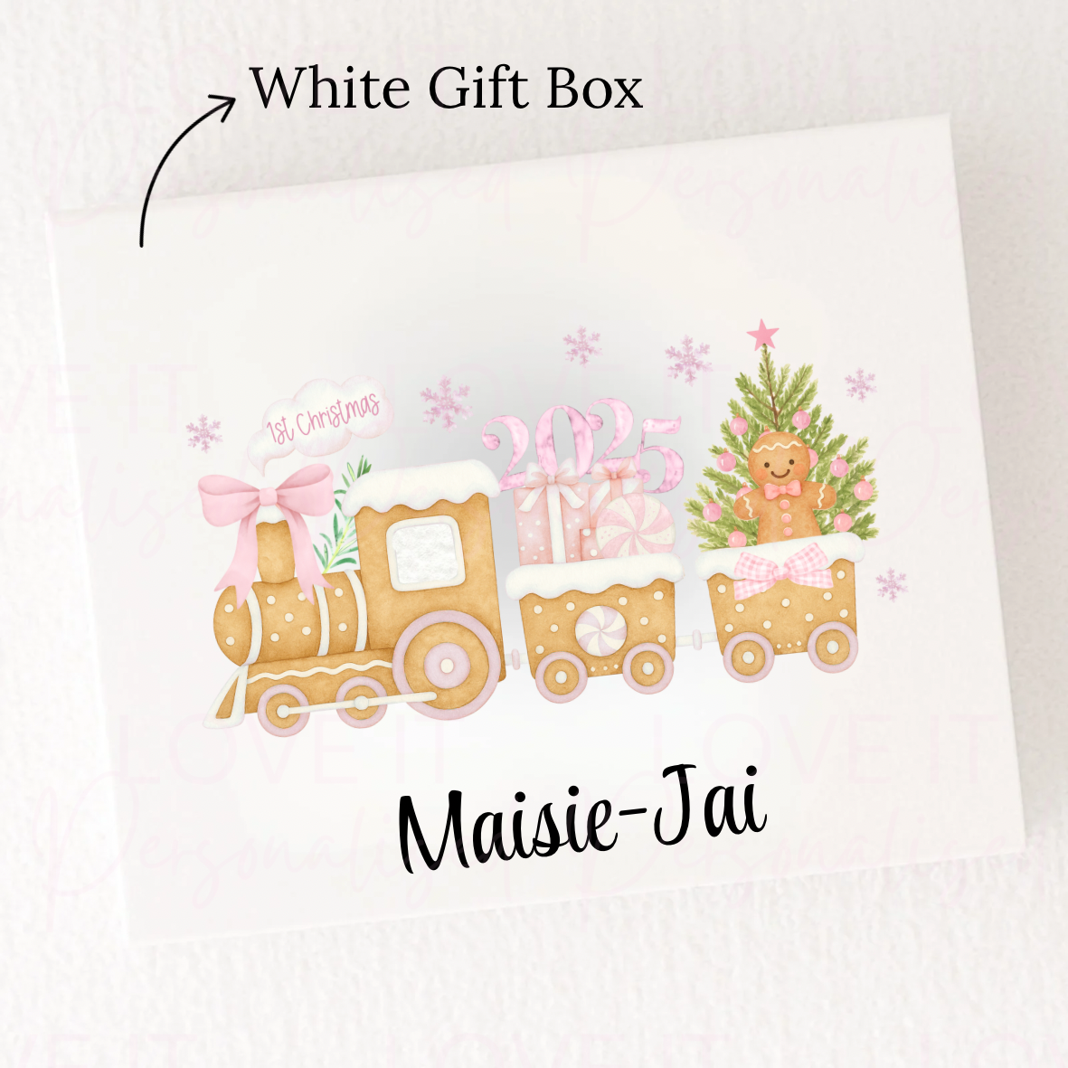 Personalised Christmas Magnetic Gift Box - Pink/Blue 1st Christmas Train Design