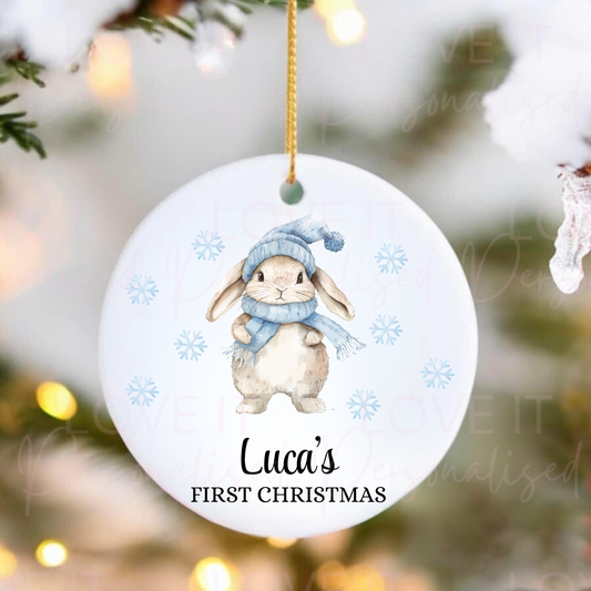 Personalised First Christmas Ceramic Ornament - Pink/Blue Rabbit Design