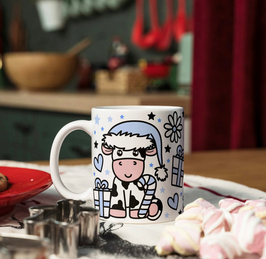 Blue Christmas Cow Mug