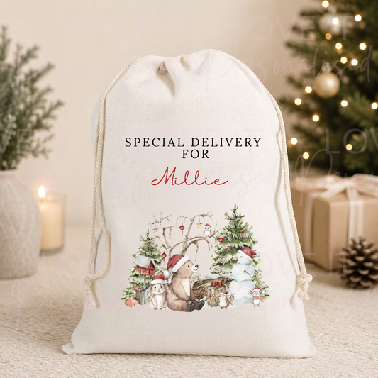 Personalised Christmas Animal Linen Stocking/Sack