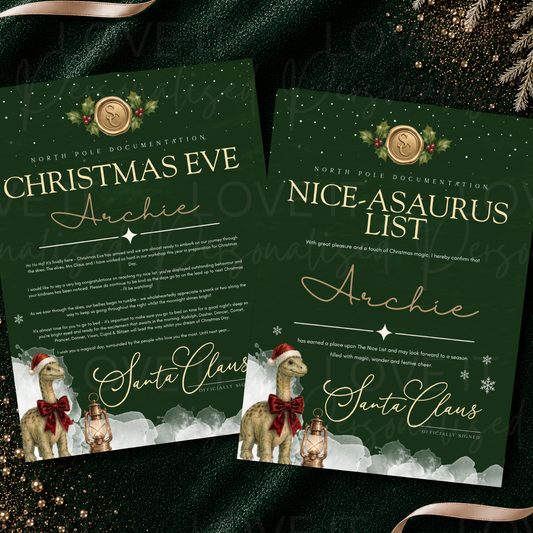 Personalised Nice List/Christmas Eve Letter & Certificate - Dinosaur Design