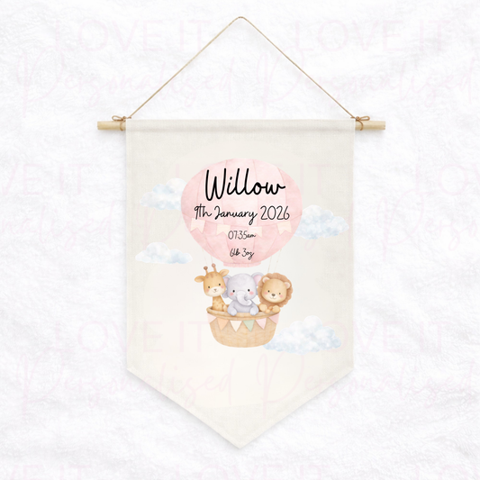 Personalised New Baby Safari Animal Nursery Decor Linen Hanging Flag Pennant