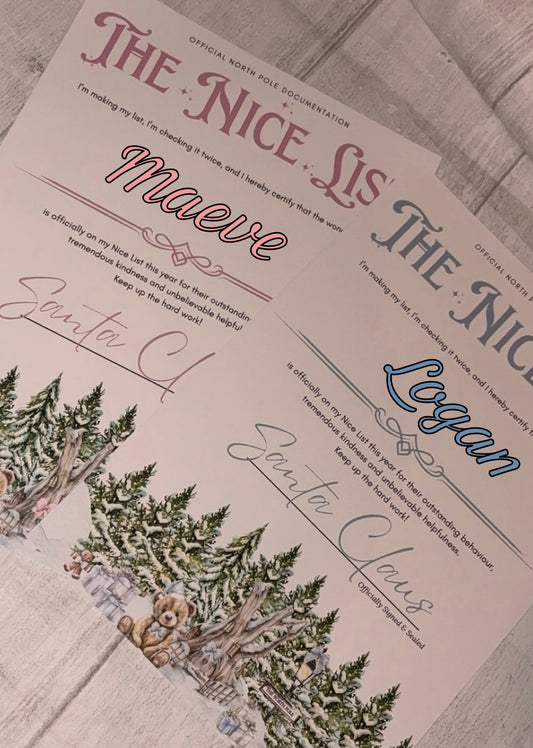 Personalised Christmas Nice List Certificate Pink Or blue