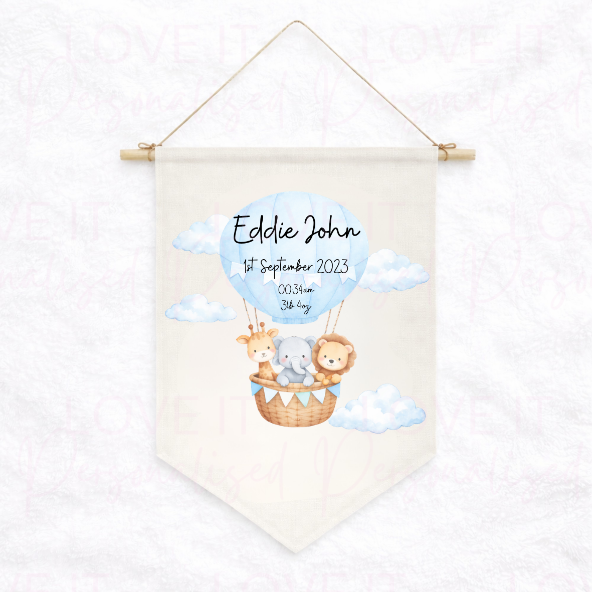 Personalised New Baby Safari Animal Nursery Decor Linen Hanging Flag Pennant
