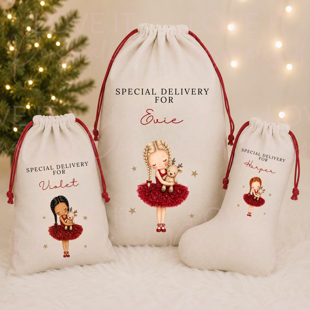 Personalised Girls Christmas Stocking/Sack - Different Hair/Skin Tone