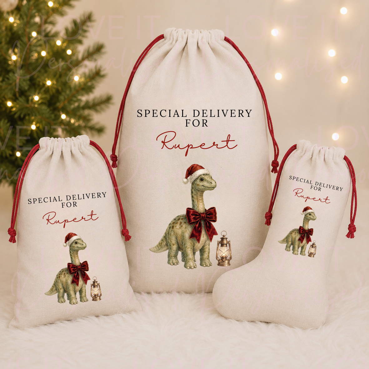 Personalised Dinosaur Christmas Linen Stocking/Sack