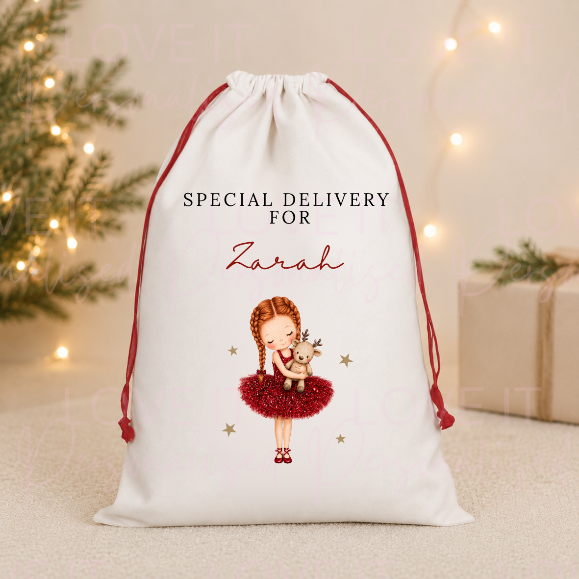 Personalised Girls Christmas Stocking/Sack - Different Hair/Skin Tone