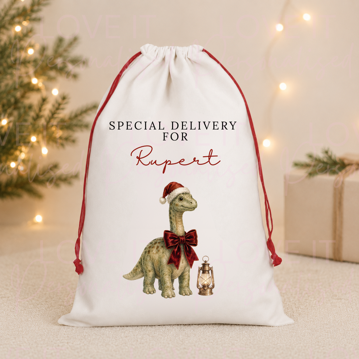 Personalised Dinosaur Christmas Linen Stocking/Sack