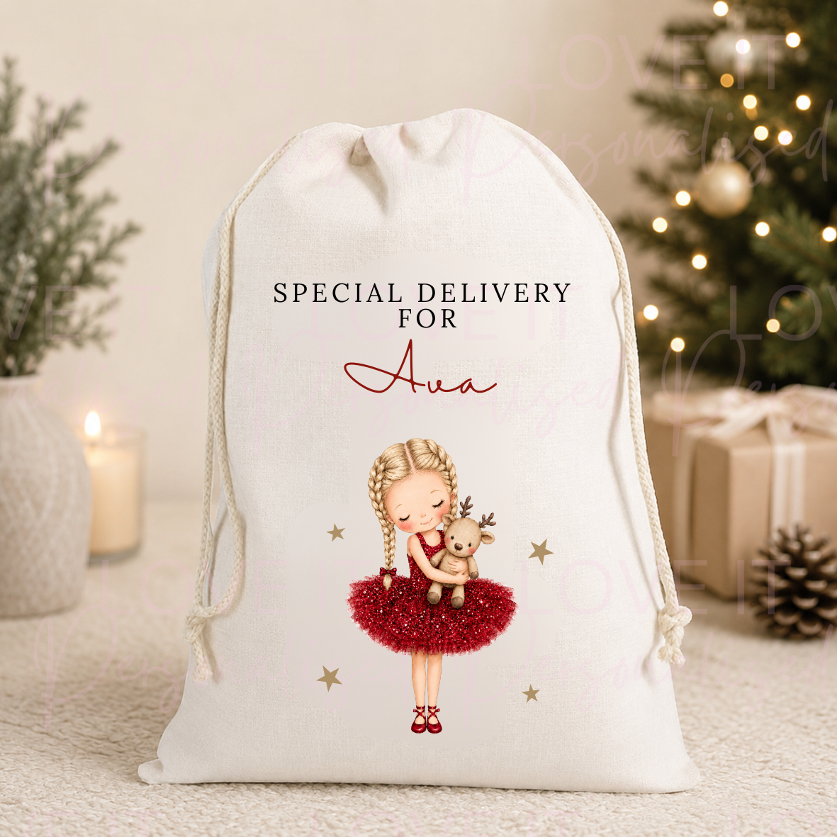 Personalised Girls Christmas Stocking/Sack - Different Hair/Skin Tone