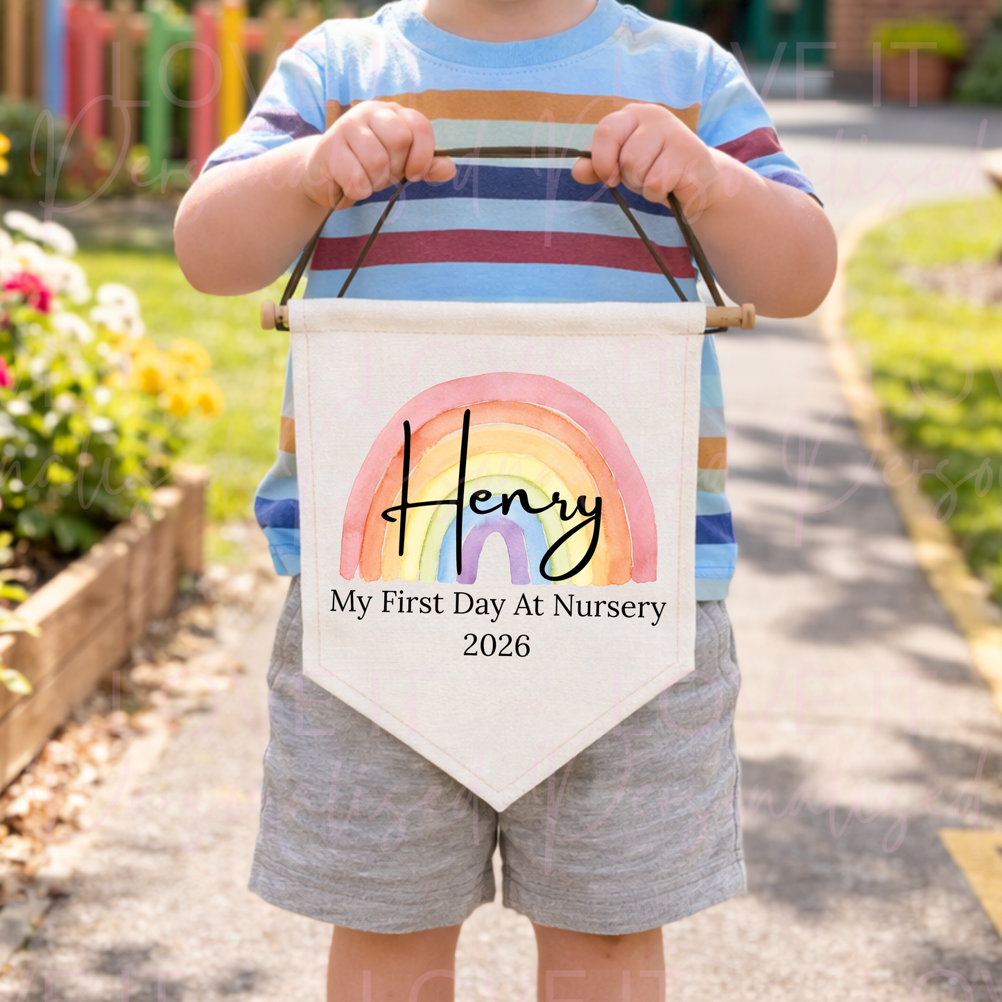 Personalised My First Day At Nursery/School Linen Hanging Flag Bunting Pennant
