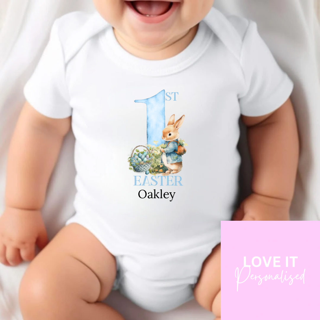 Personalised Easter Bodysuit/Babygrow - Blue 1st Easter Rabbit Design