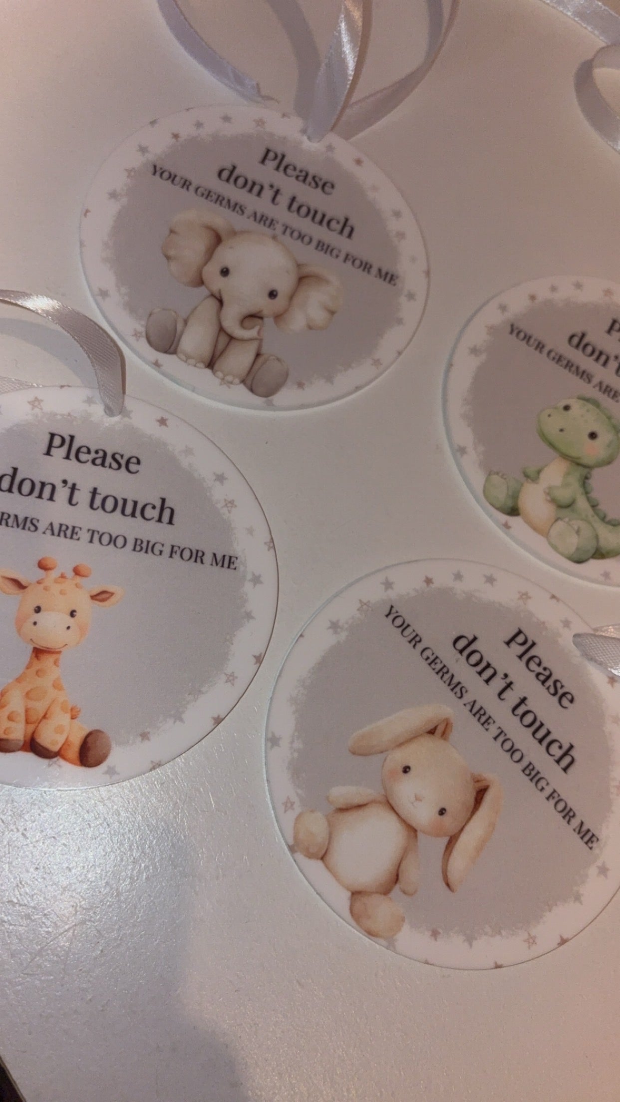 Please Don’t Touch Acrylic Pram Tag - Germs Are Too Big For Me Animal Design