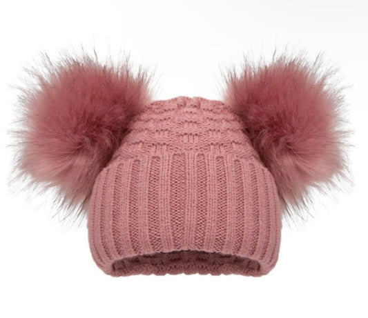 Dusty Pink Double Pom Hat - Plain