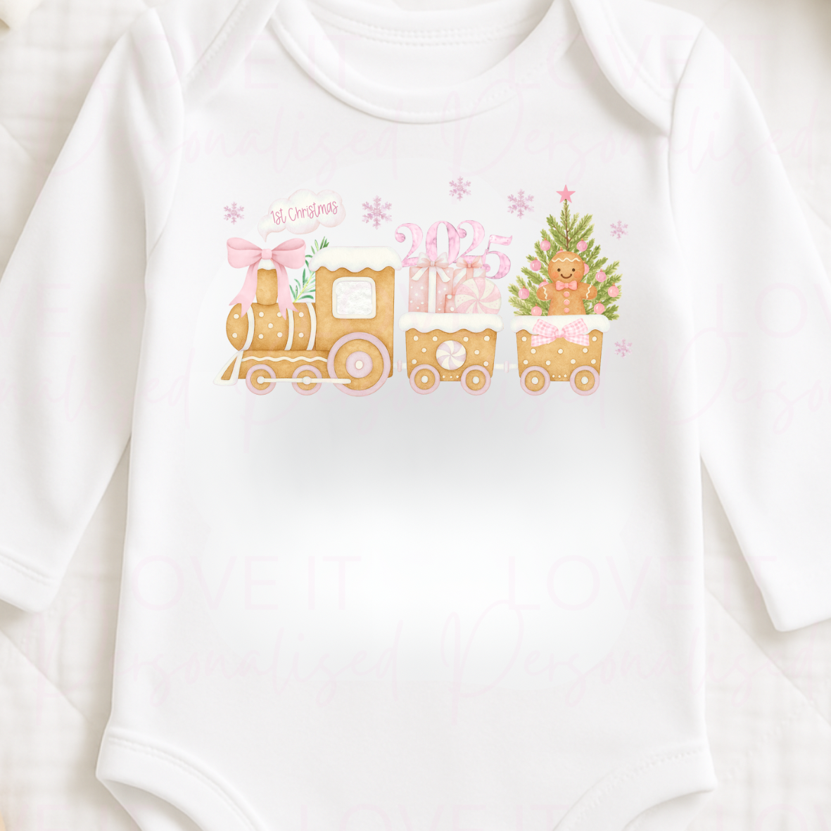 First Christmas Pink/Blue Train Baby Bodysuit - Short/Long Sleeve