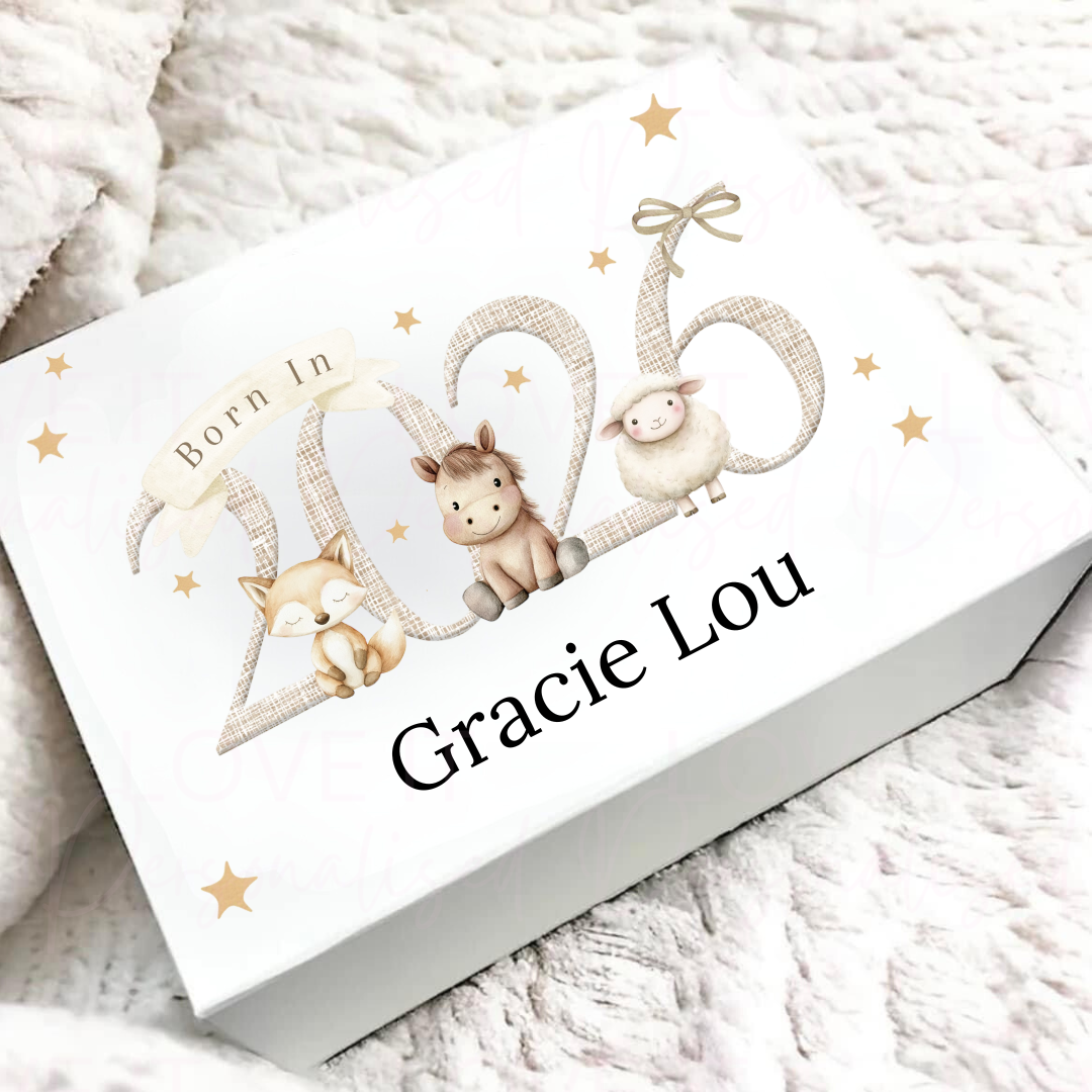 Personalised Born In 2026 Woodland Animal Magnetic Gift/Memory Box