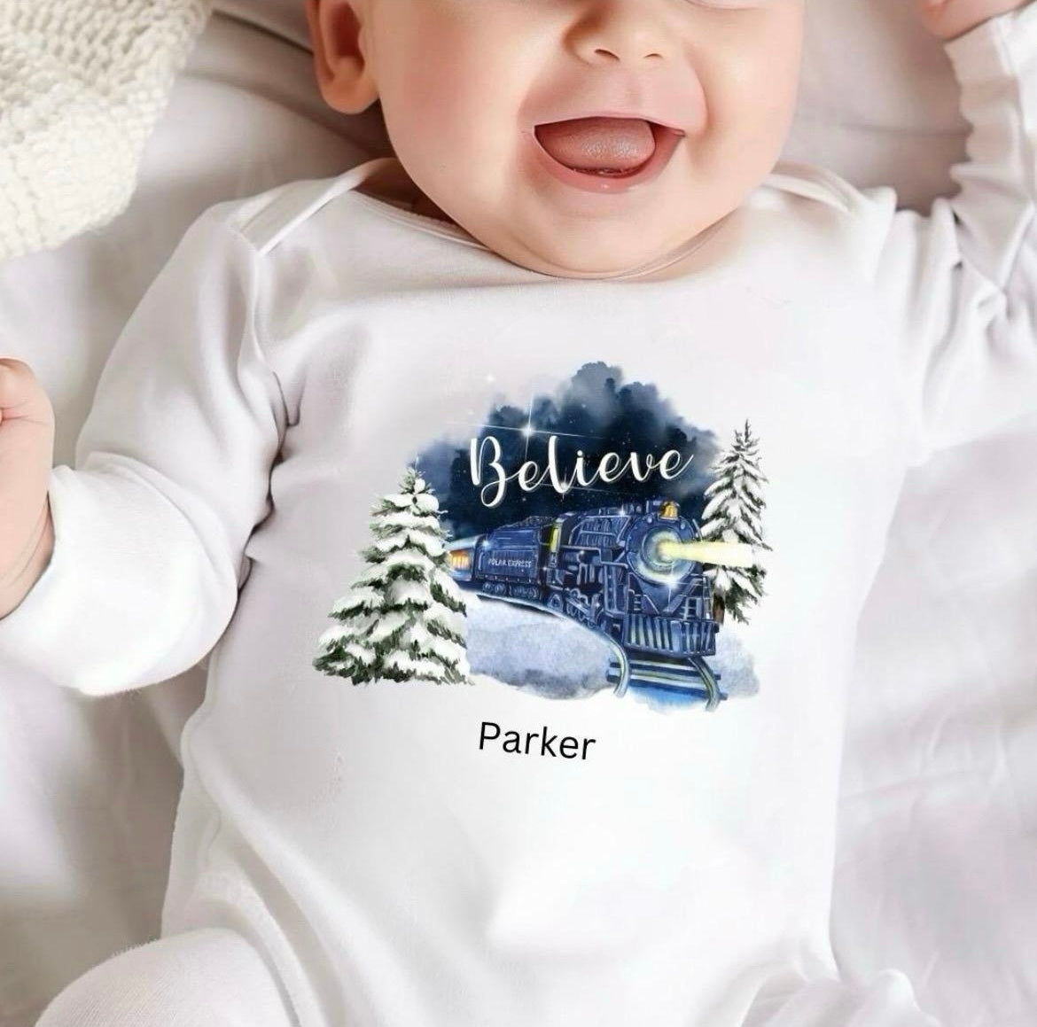 Personalised Christmas Bodysuit/Babygrow - Believe Train Design