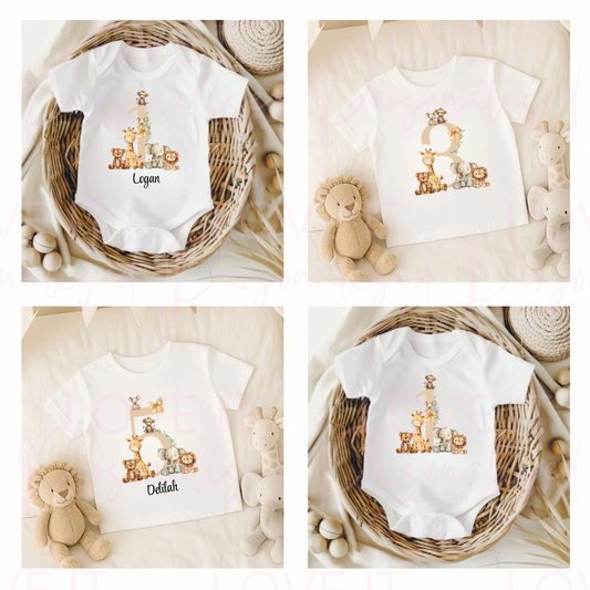 Personalised Birthday Safari Animal Outfit Baby Bodysuit/ Children's T-shirt